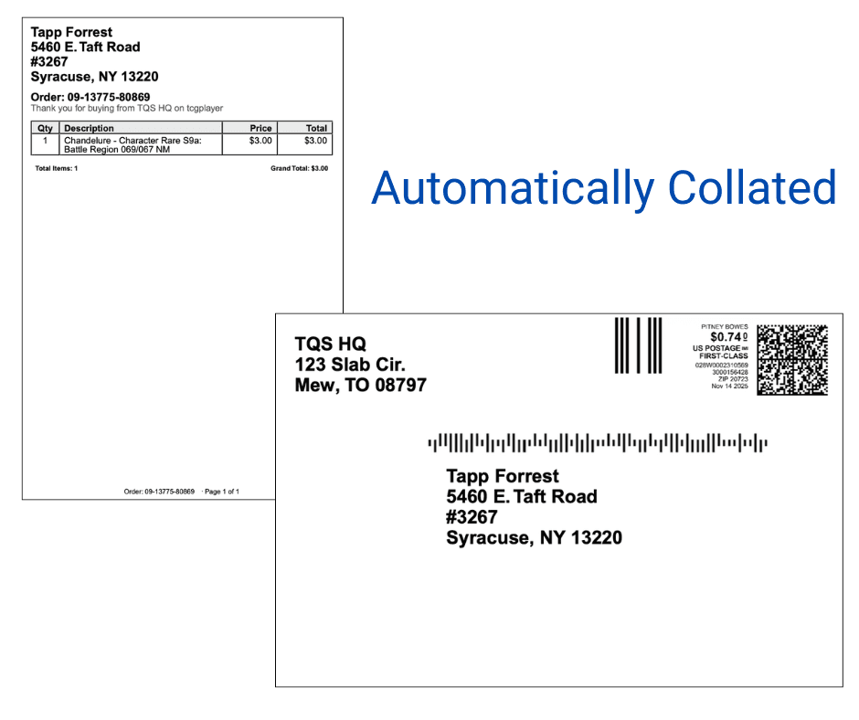 Screenshot showing a PDF export of collated packing slips and shipping labels