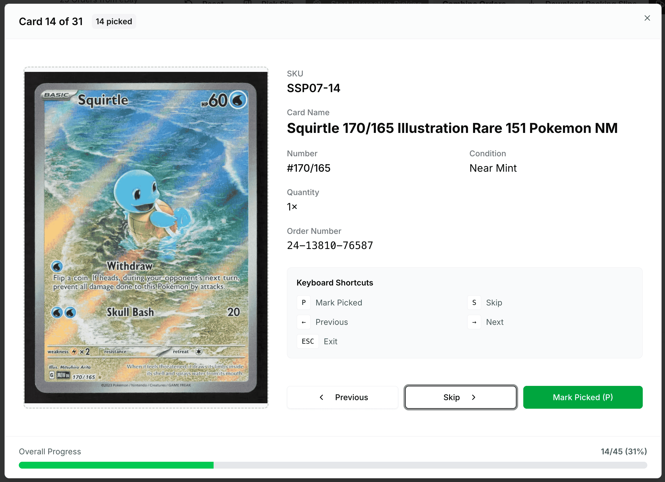 Interactive order picker screen showing card images and quantities