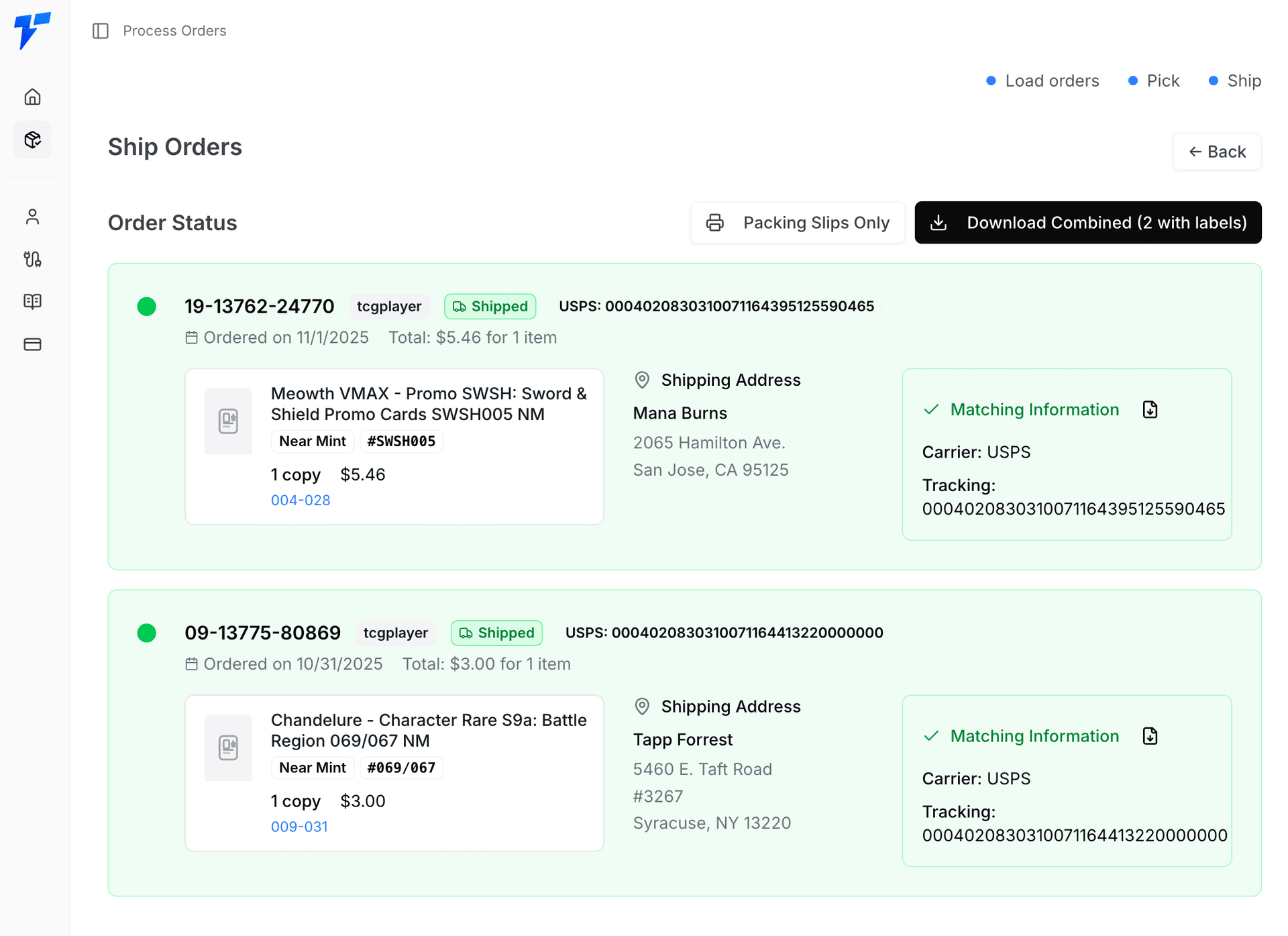 TCGplayer shipping labels purchased screen showing label purchase and download options