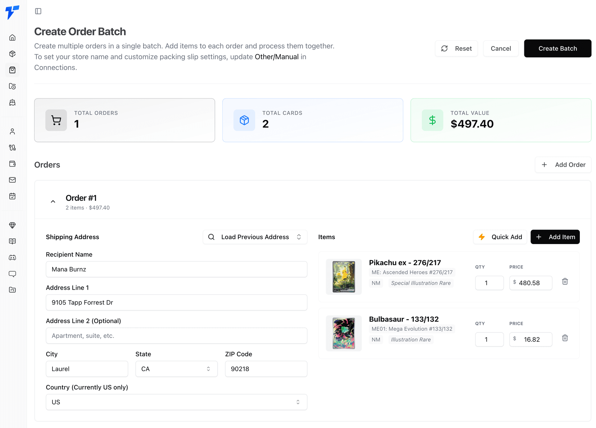 Create manual order batches interface with multiple orders