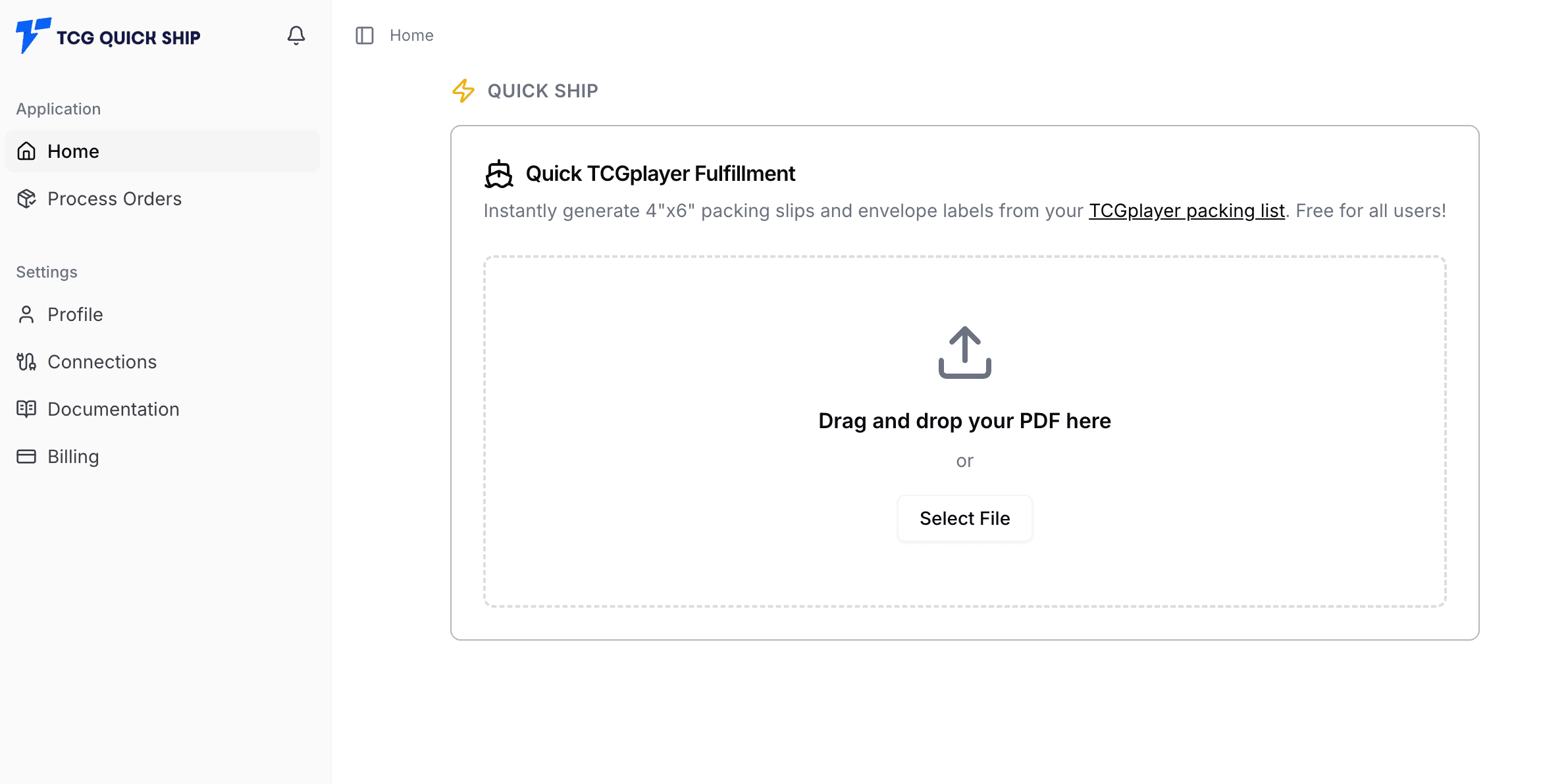 Quick Ship home page showing the TCGplayer quick start card