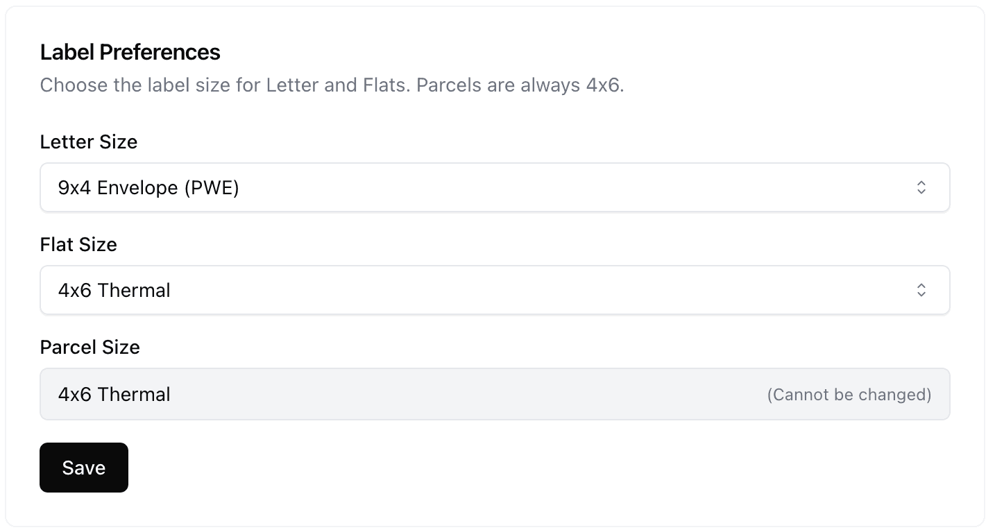 Label preferences settings in Quick Ship showing options for Letter and Flat sizes