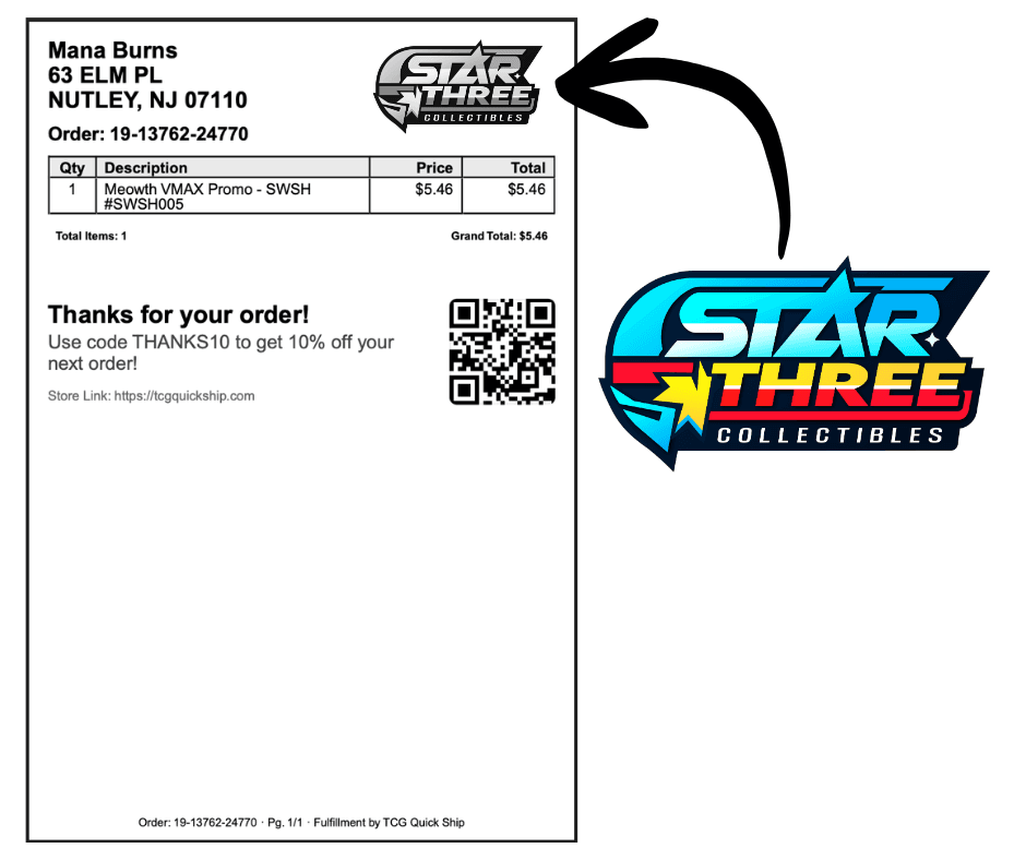 Example of a QuickShip packing slip with branding and order details