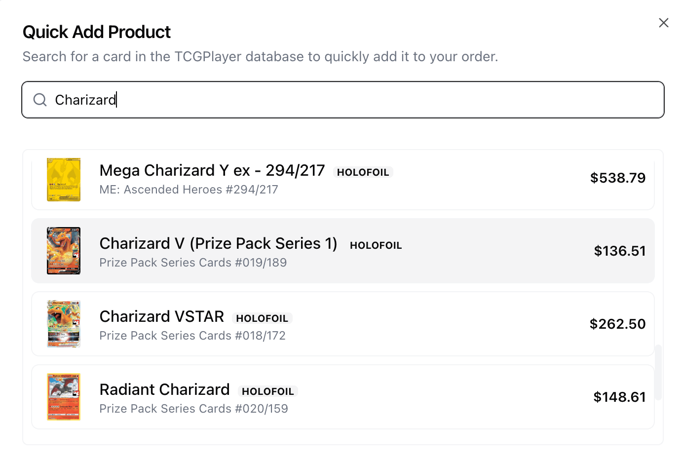 Quick Add Product dialog with search results