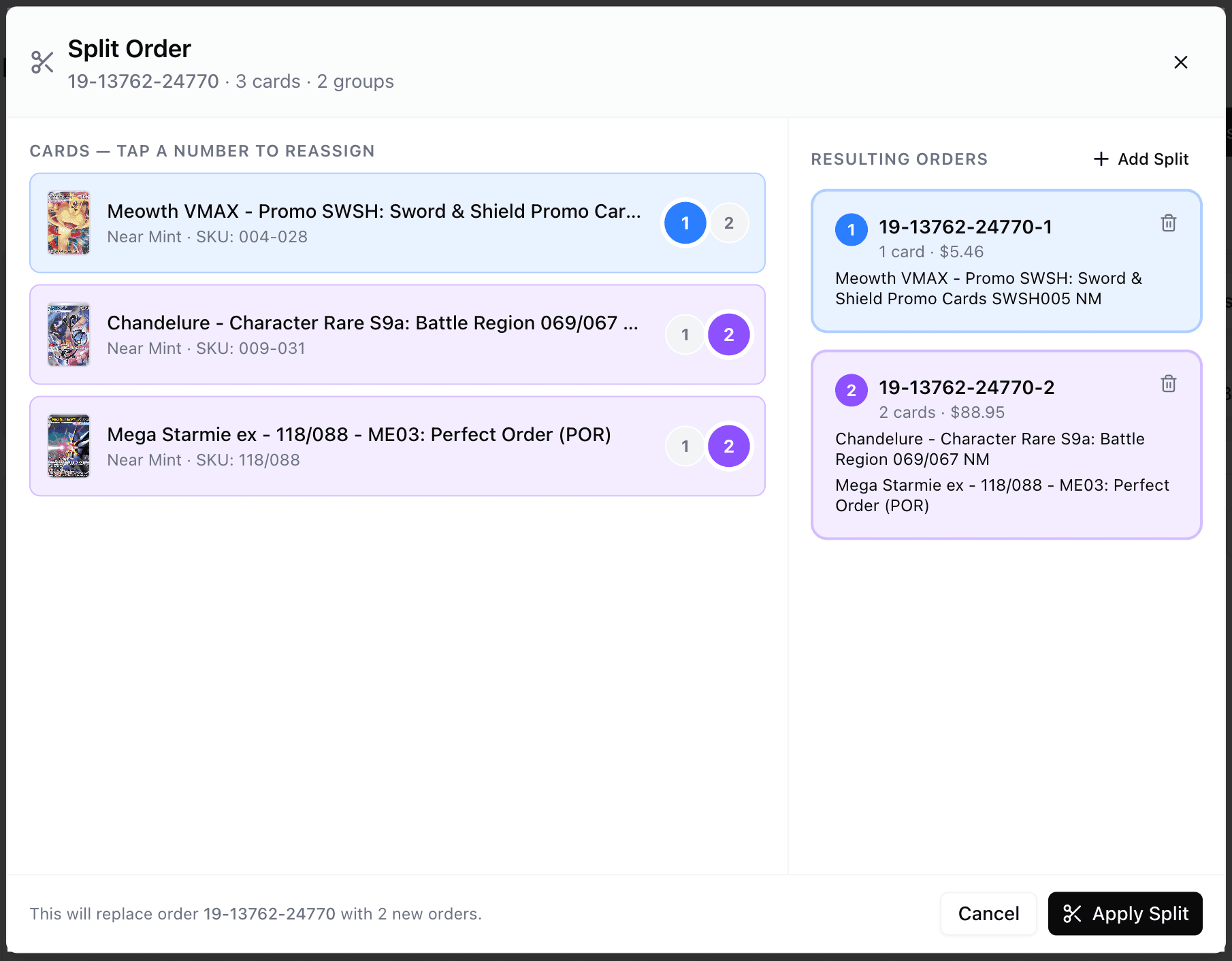 Split order screen showing cards being assigned to two separate groups