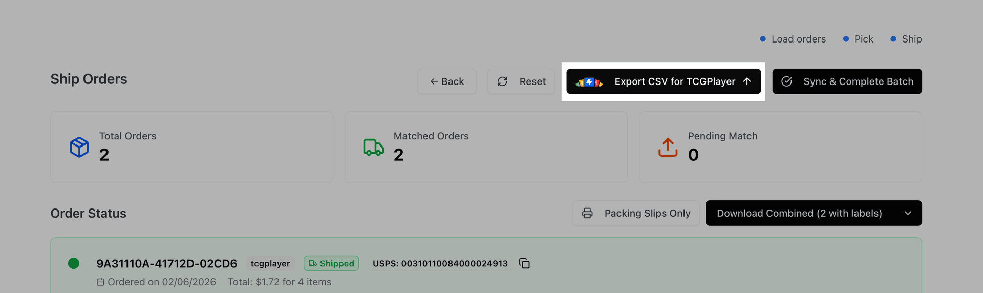 Export to TCGplayer button in Quick Ship